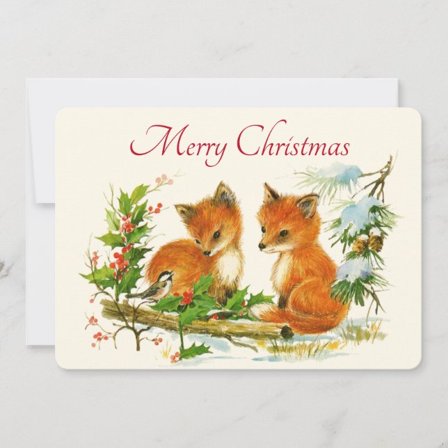  Vintage Foxes Retro Christmas Winter Scene Holiday Card (Front)