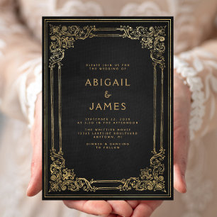 Vintage Frame Black Gold Wedding Invitation