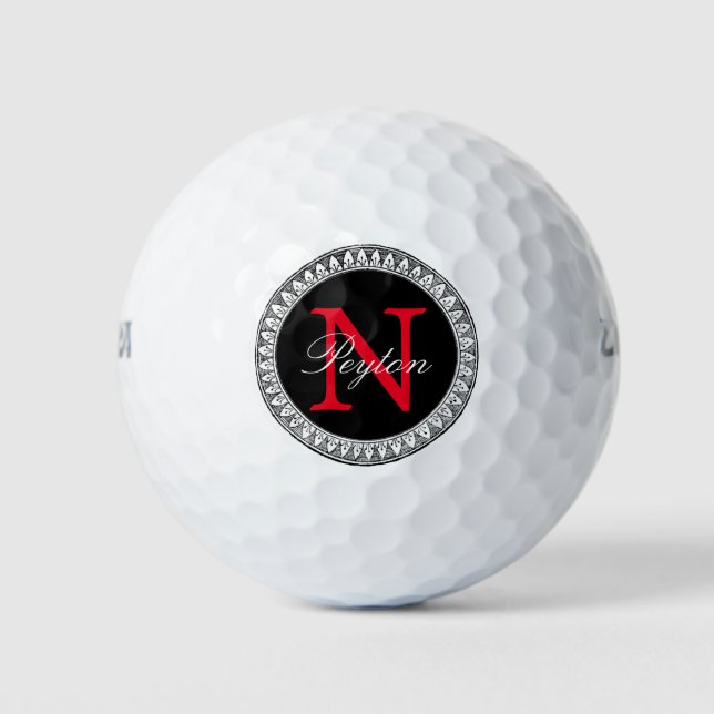 Vintage Frame Black Red Monogram Golf Balls (Front)
