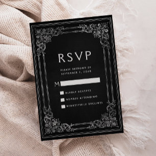Vintage Frame Black Silver Wedding RSVP Card