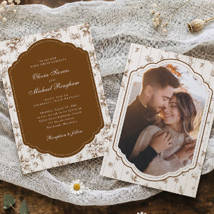Vintage Frame Brown & Cream Toile Photo Wedding Invitation