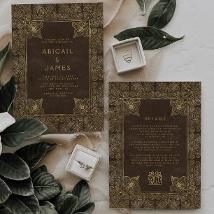 Vintage Frame Brown Gold QR Code Wedding Invitation
