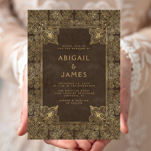 Vintage Frame Brown Gold Wedding Invitation