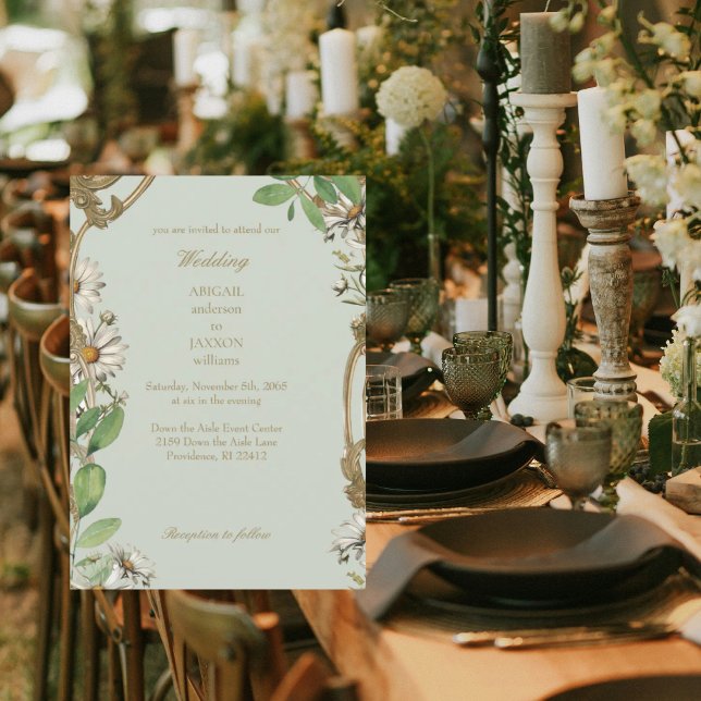 Vintage Frame Daisies Sage Wedding Invitation (Creator Uploaded)
