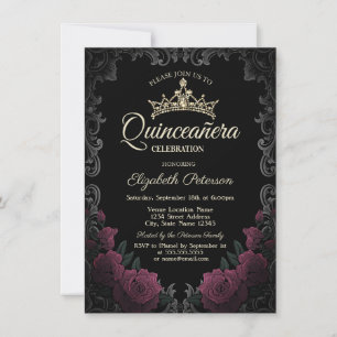 Vintage Frame Dark Red Roses Gothic Quinceañera  Invitation