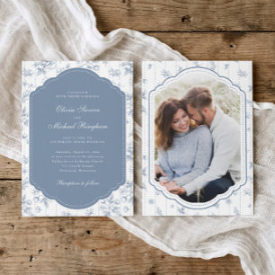 Vintage Frame Dusty Blue Toile Photo Wedding Invitation