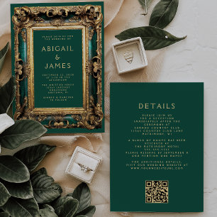 Vintage Frame Emerald Green Gold QR Code Wedding Invitation