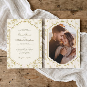 Vintage Frame Gold & Ivory Toile Photo Wedding Invitation