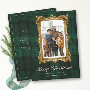 Vintage Frame Green Plaid Family Christmas Photo Holiday Card