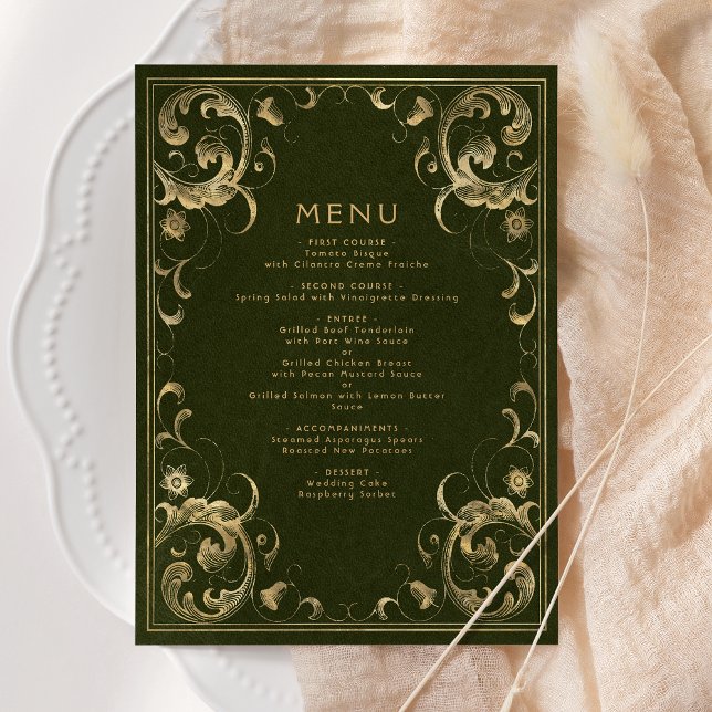 Vintage Frame Olive Green Gold Wedding Menu (Creator Uploaded)