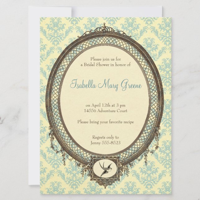 Vintage Frame on Damask Pattern Bridal Shower Invitation (Front)
