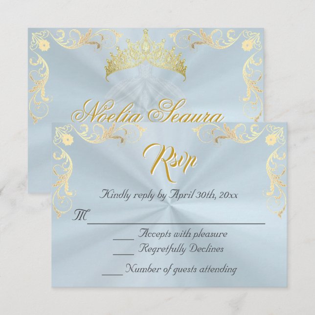 Vintage Frame Quinceanera RSVP - Blue/Gold Card (Front/Back)