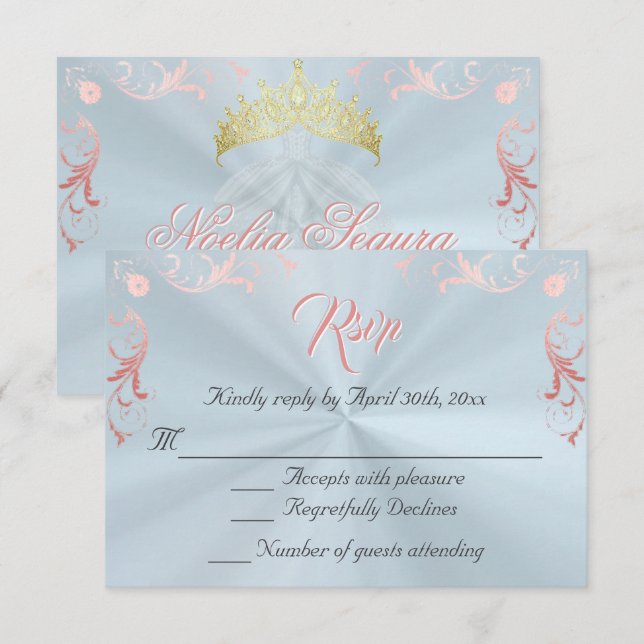 Vintage Frame Quinceanera RSVP - Blue/Rose Gold Card (Front/Back)