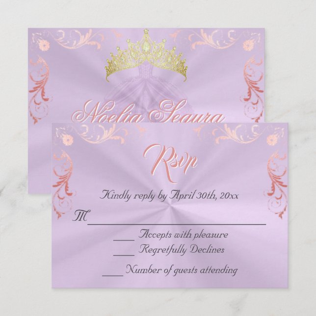Vintage Frame Quinceanera RSVP -Lavender/Rose Gold Card (Front/Back)