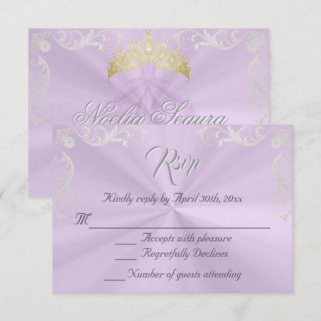 Vintage Frame Quinceanera RSVP - Lavender/Silver Card (Front/Back)