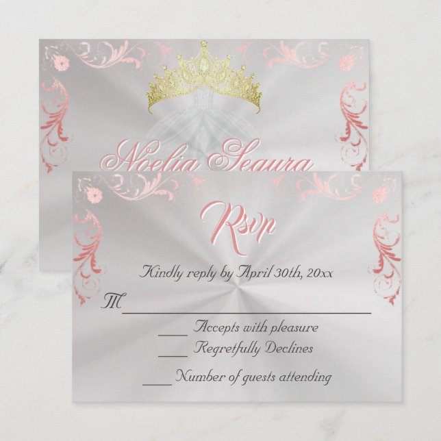 Vintage Frame Quinceanera RSVP - Pearl/Rose Gold Card (Front/Back)