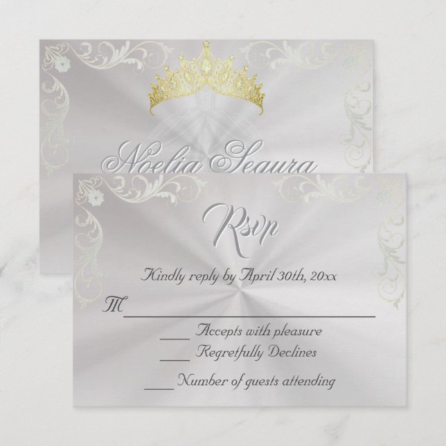 Vintage Frame Quinceanera RSVP - Pearl/Silver Card (Front/Back)