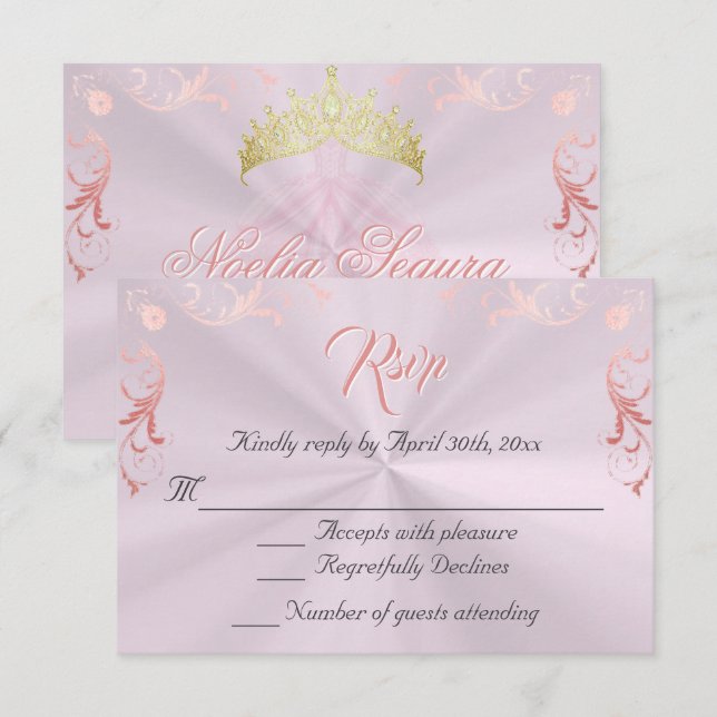 Vintage Frame Quinceanera RSVP - Pink/Rose Gold Card (Front/Back)
