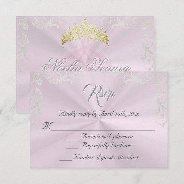 Vintage Frame Quinceanera RSVP - Pink/Silver Card (Front/Back)