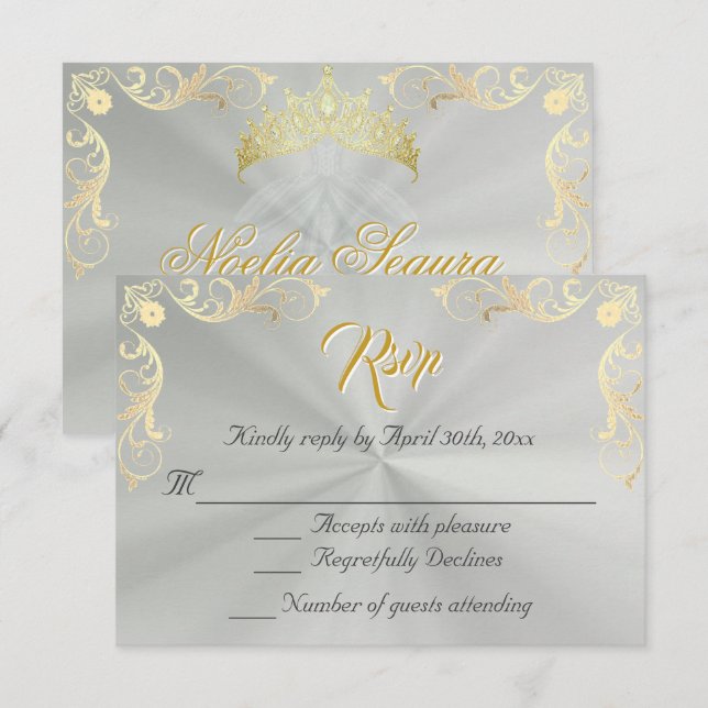Vintage Frame Quinceanera RSVP - Sage/Gold Card (Front/Back)