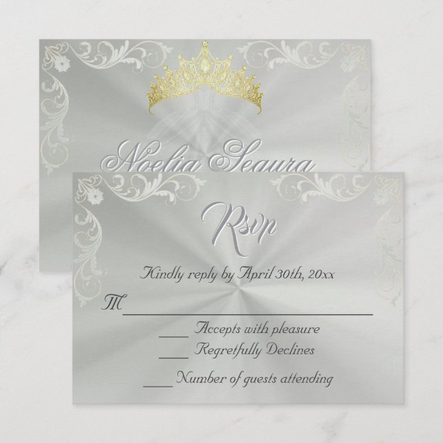 Vintage Frame Quinceanera RSVP - Sage/Silver Card (Front/Back)
