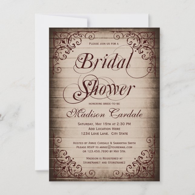Vintage Frame Rustic Bridal Shower Invitations (Front)