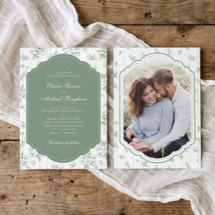 Vintage Frame Sage Green Toile Photo Wedding Invitation