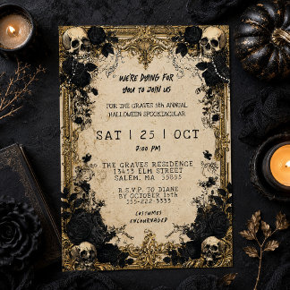 Vintage Frame Skulls Gothic Floral Halloween Party Invitation