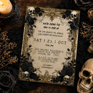 Vintage Frame Skulls Gothic Floral Halloween Party Invitation