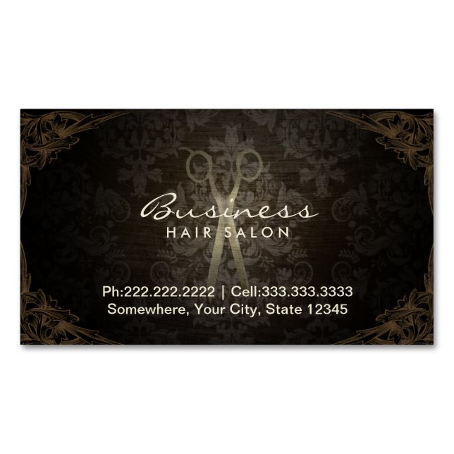 Vintage Framed Damask Hair Salon Magnetic Business Card (Front)