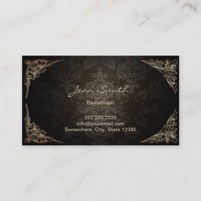 Vintage Framed Dark Damask Beautician Business Card (Front)