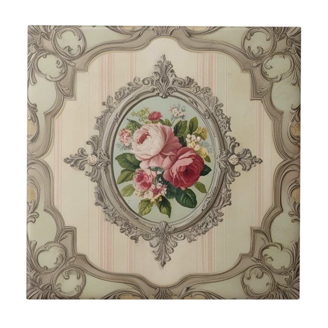 Vintage Framed Roses Ceramic Tile (Front)