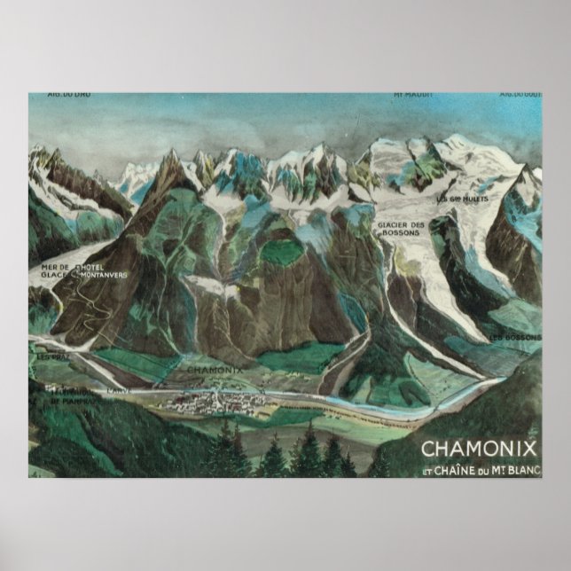 Vintage France, Chamonix Mont Blanc, mountain top Poster (Front)