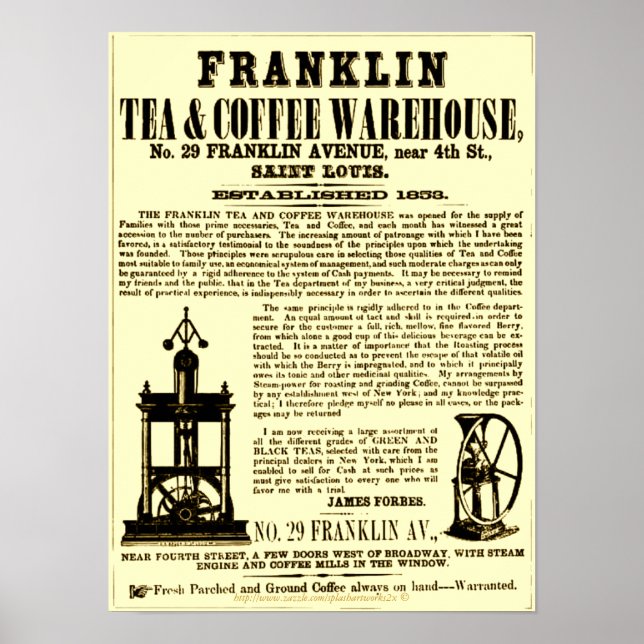 "Vintage Franklin Tea & Coffee Broadside 1853" Poster (Front)