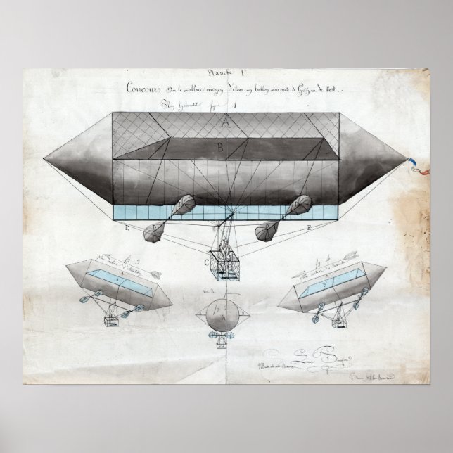 Vintage French Airship Illustration Poster (Front)