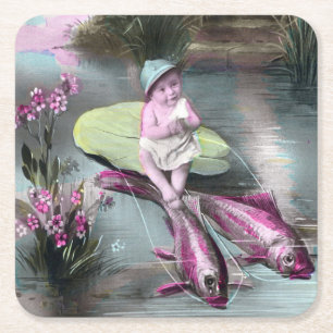 Vintage French April Fool Pistcard Square Paper Coaster