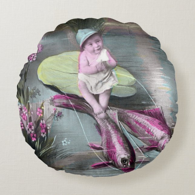 Vintage French April Fool Postcard Round Cushion (Front)