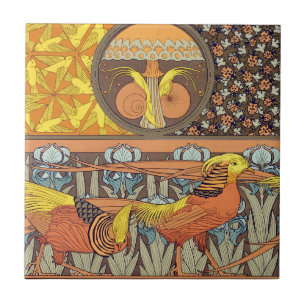 Vintage French Art Nouveau Nature Bird Pattern Ceramic Tile