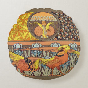 Vintage French Art Nouveau Nature Bird Pattern Round Cushion