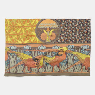 Vintage French Art Nouveau Nature Bird Pattern Tea Towel