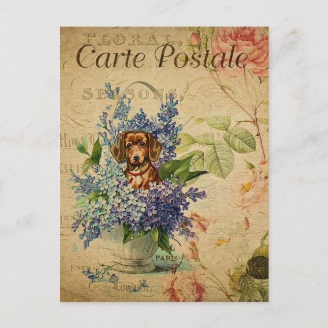 Vintage French Art Print, Dog Floral Postcard (Front)