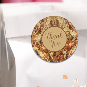 Vintage French Autumn Brown Damask Thank you Classic Round Sticker