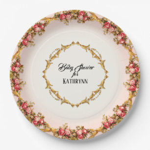 Vintage French Baby Shower Roses n Baroque Scrolls Paper Plate