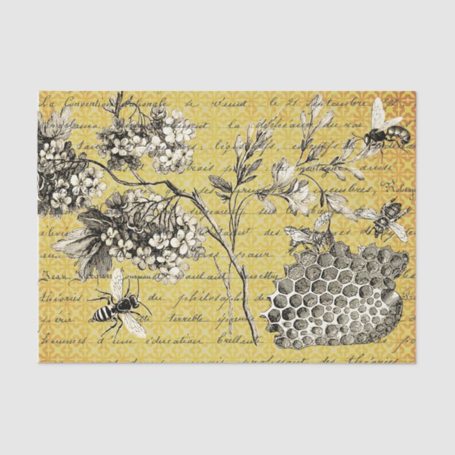 Vintage French Bee and Flower Decoupage Tissue Paper (Front)