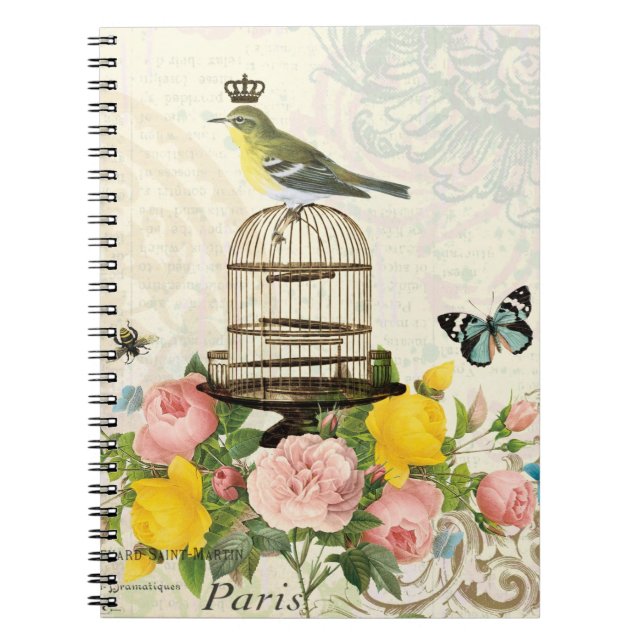 Vintage French bird and birdcage notebook (Front)