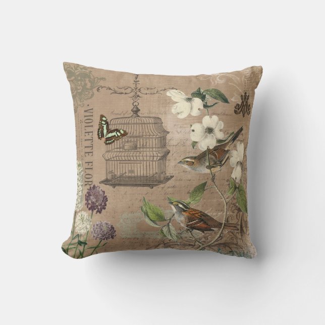 Vintage French birds and garden pillow (Front)