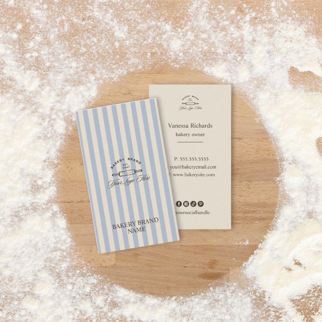 Vintage French Blue Bakery Logo Striped Business Card (Creator Uploaded)