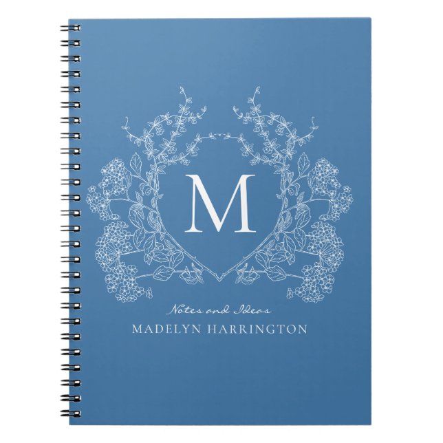 Vintage French Blue Floral Crest Monogram Notebook (Front)
