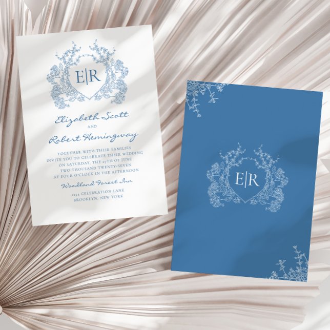 Vintage French Blue Floral Crest Monogram Wedding Invitation (Creator Uploaded)