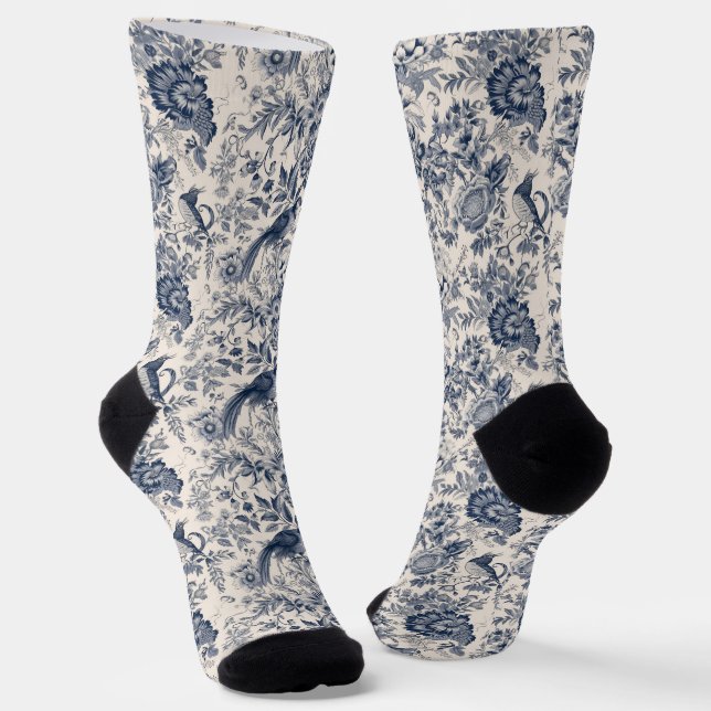 Vintage French Blue Toile Fleurie Socks (Angled)